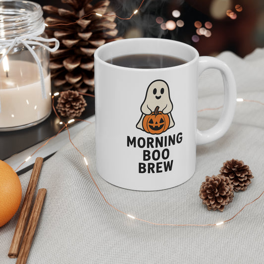Halloween Ghost Coffee Mug – “Morning Boo Brew” Funny Spooky Cup | 11oz