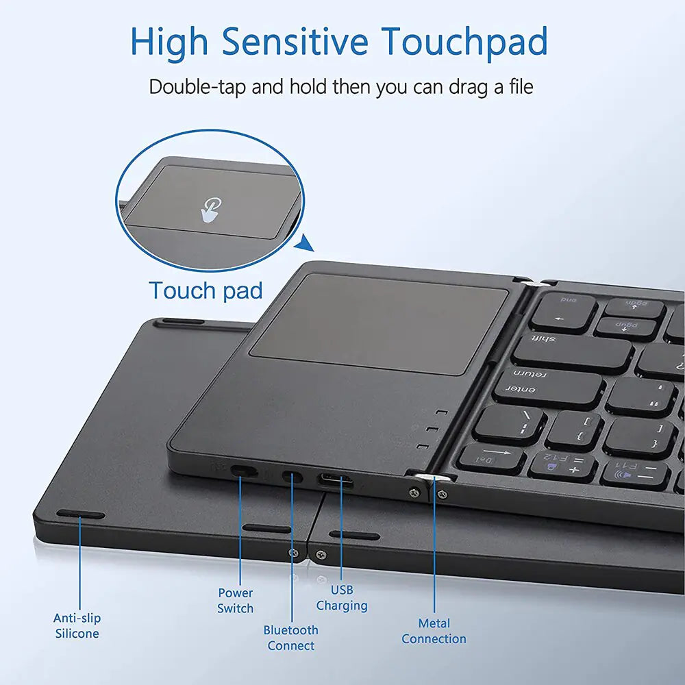 Portable Mini Three Folding Bluetooth Keyboard Wireless Foldable Touchpad Keypad